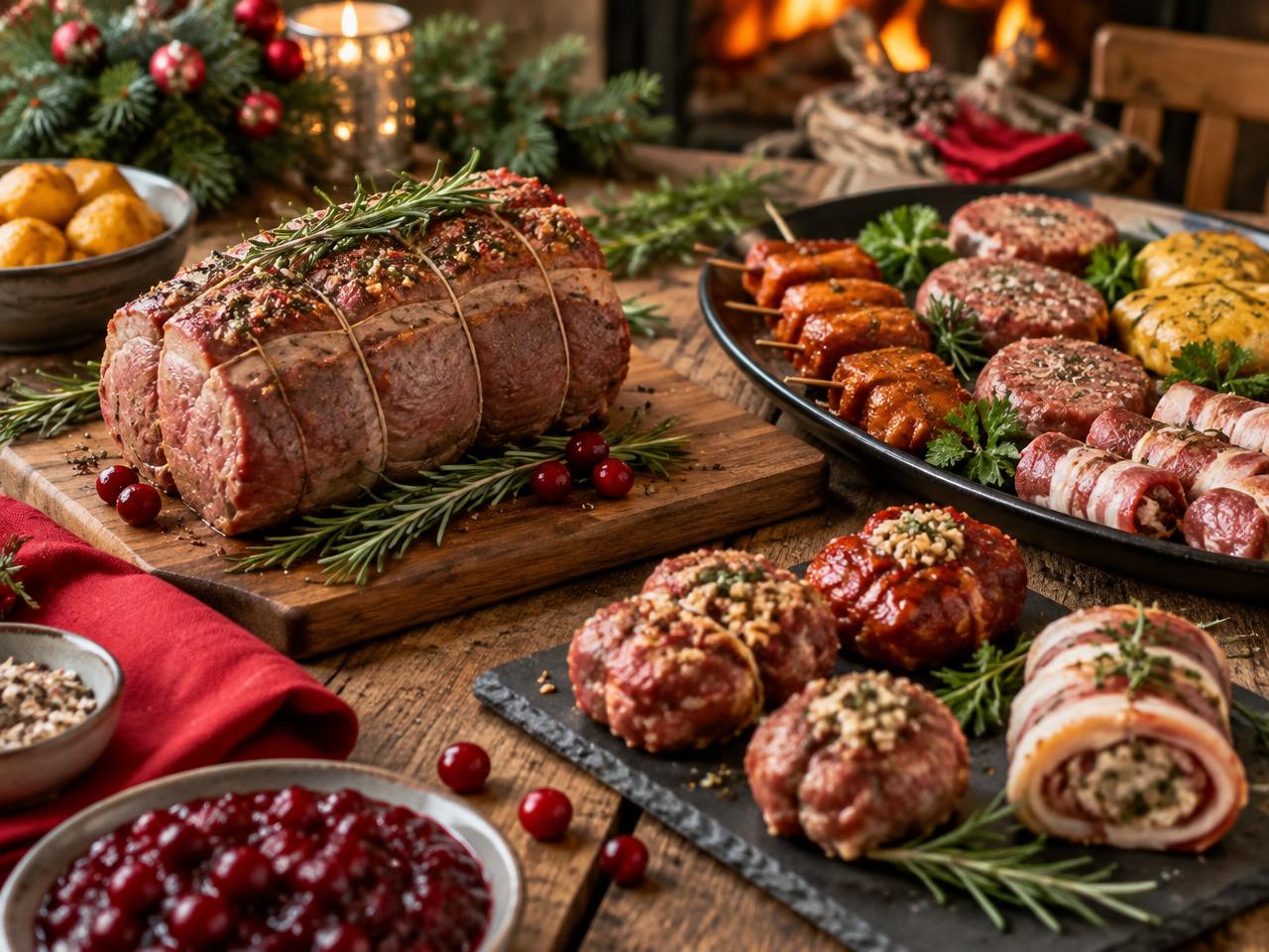 Feestelijke tafel met braadstuk, gourmetvlees en ambachtelijke specialiteiten
