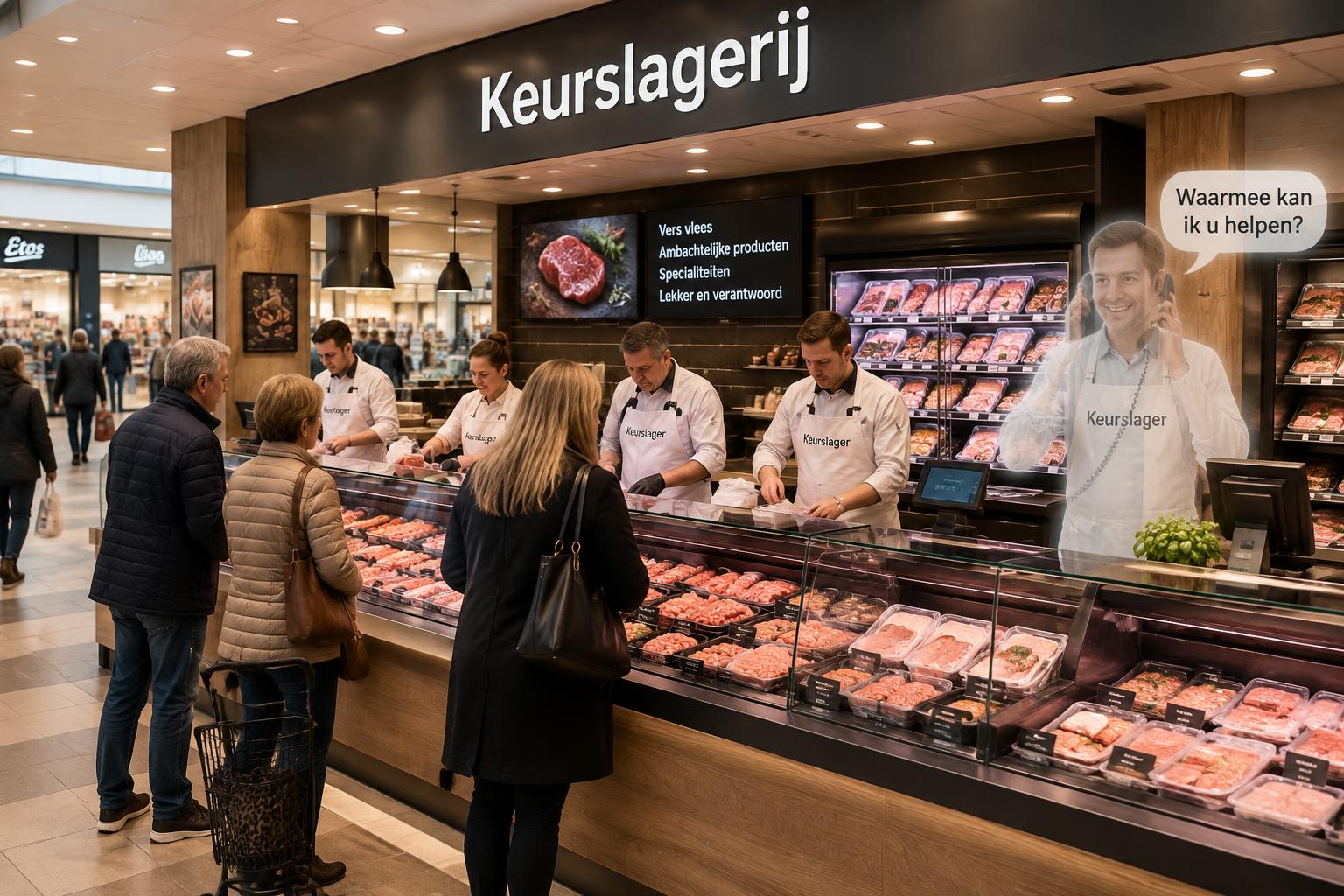 Drukke Keurslagerij: twee slagers aan het werk en klanten aan de toonbank, terwijl een doorschijnende virtuele medewerker de telefoon opneemt met de tekst: waarmee kan ik u helpen?