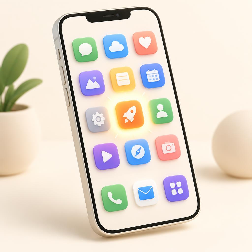 Telefoon met app-icoontjes waarvan één webapp uitgelicht is